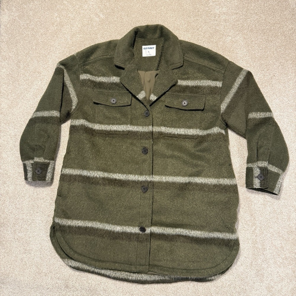 Women's Old Navy Wool Jacket Size Xl Long Oversized Flannel Shacket Olive Stripe